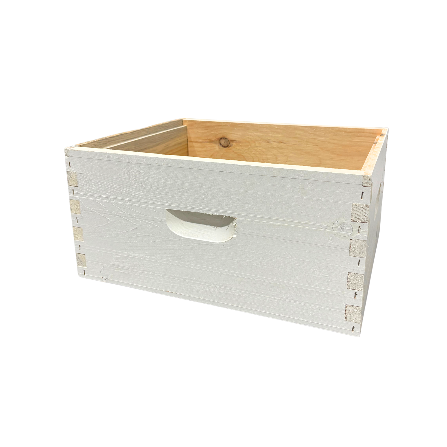 A wooden assembled beekeeping super with a white, painted exterior on a white background
