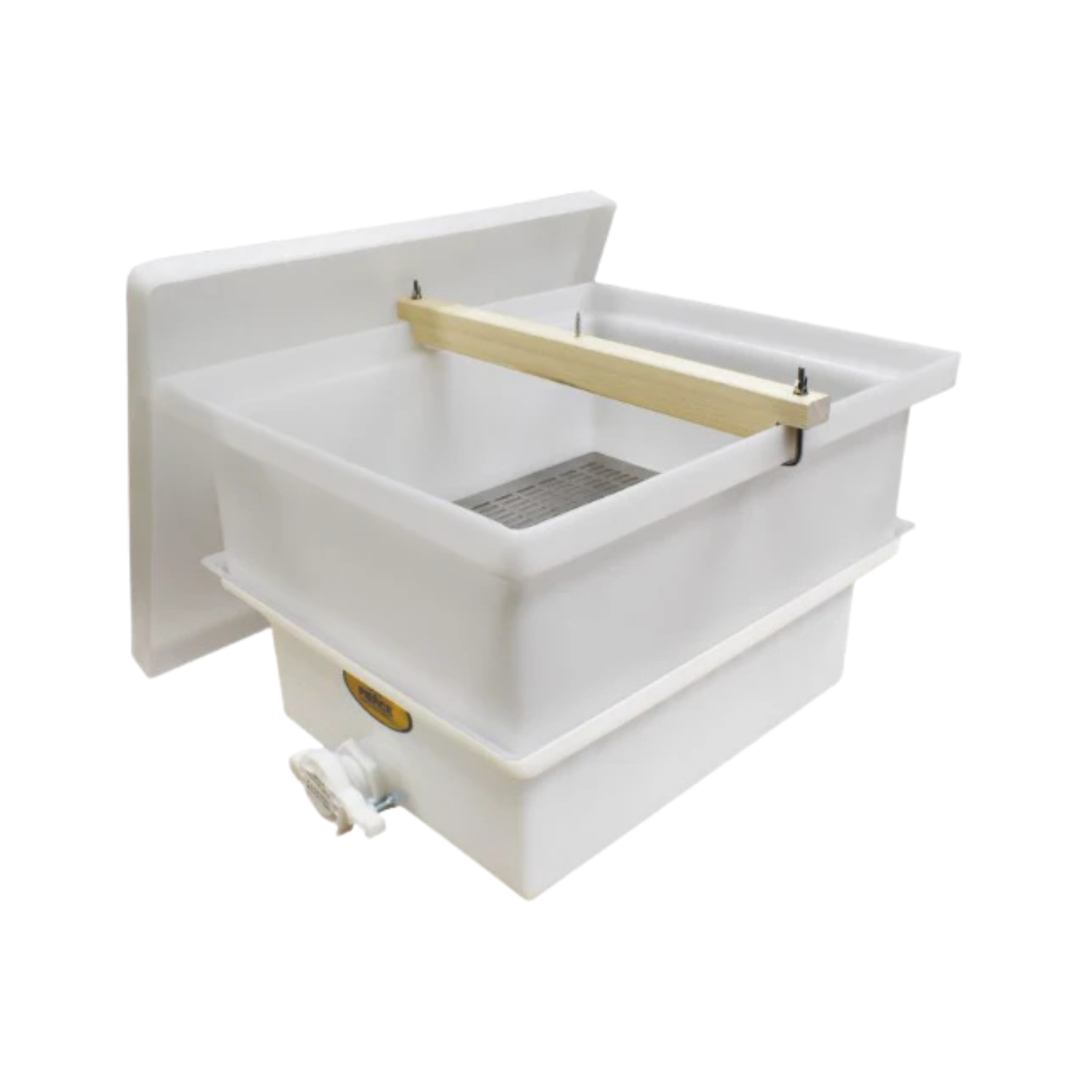 A white plastic honey straining tank used in beekeeping, shown with the lid removed, a wooden bar mounted across the top to hold frames, a metal strainer inside the basin, and a spigot on the front for draining filtered honey