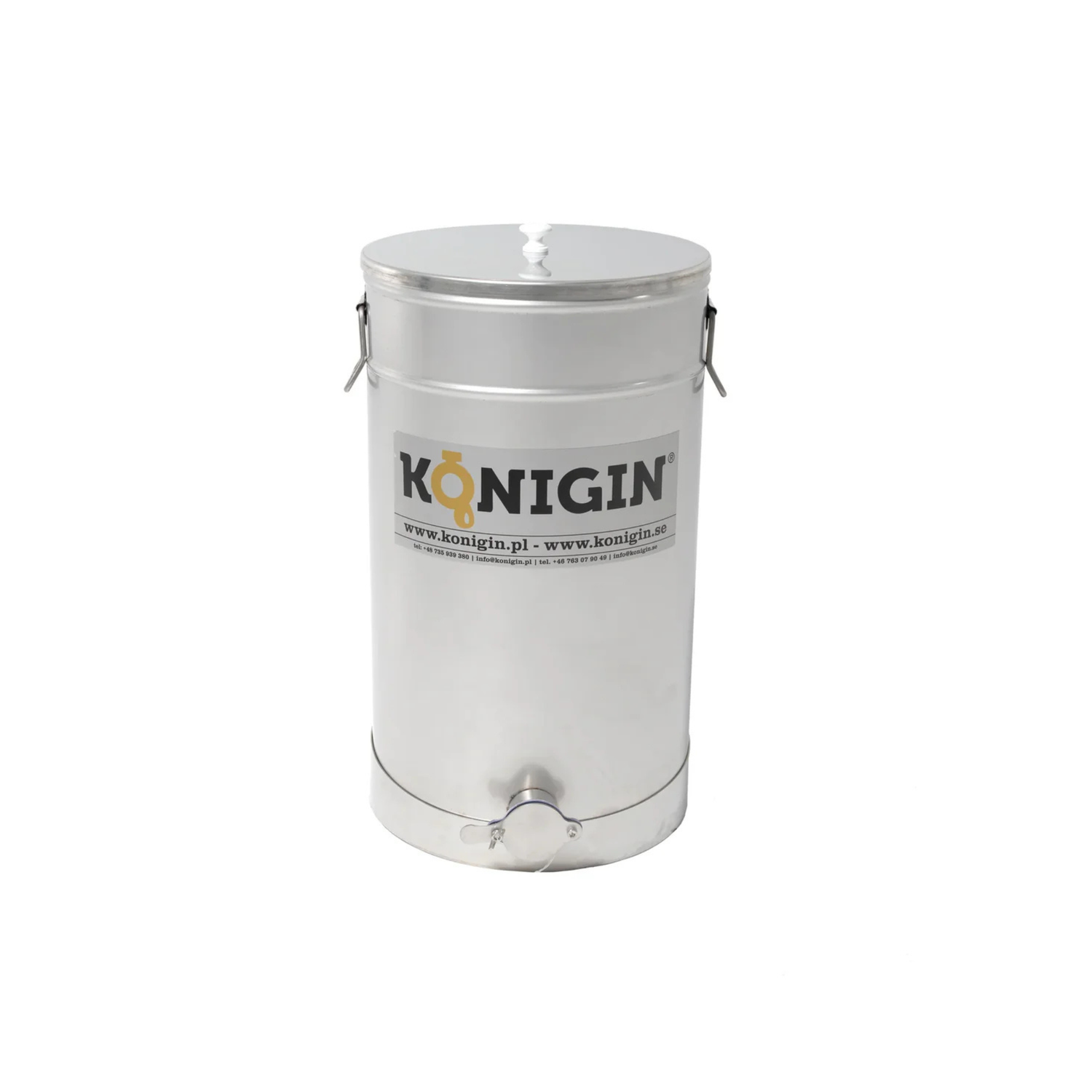 A KONIGIN-branded cylindrical stainless steel honey tank with a logo visible on the front on a white background