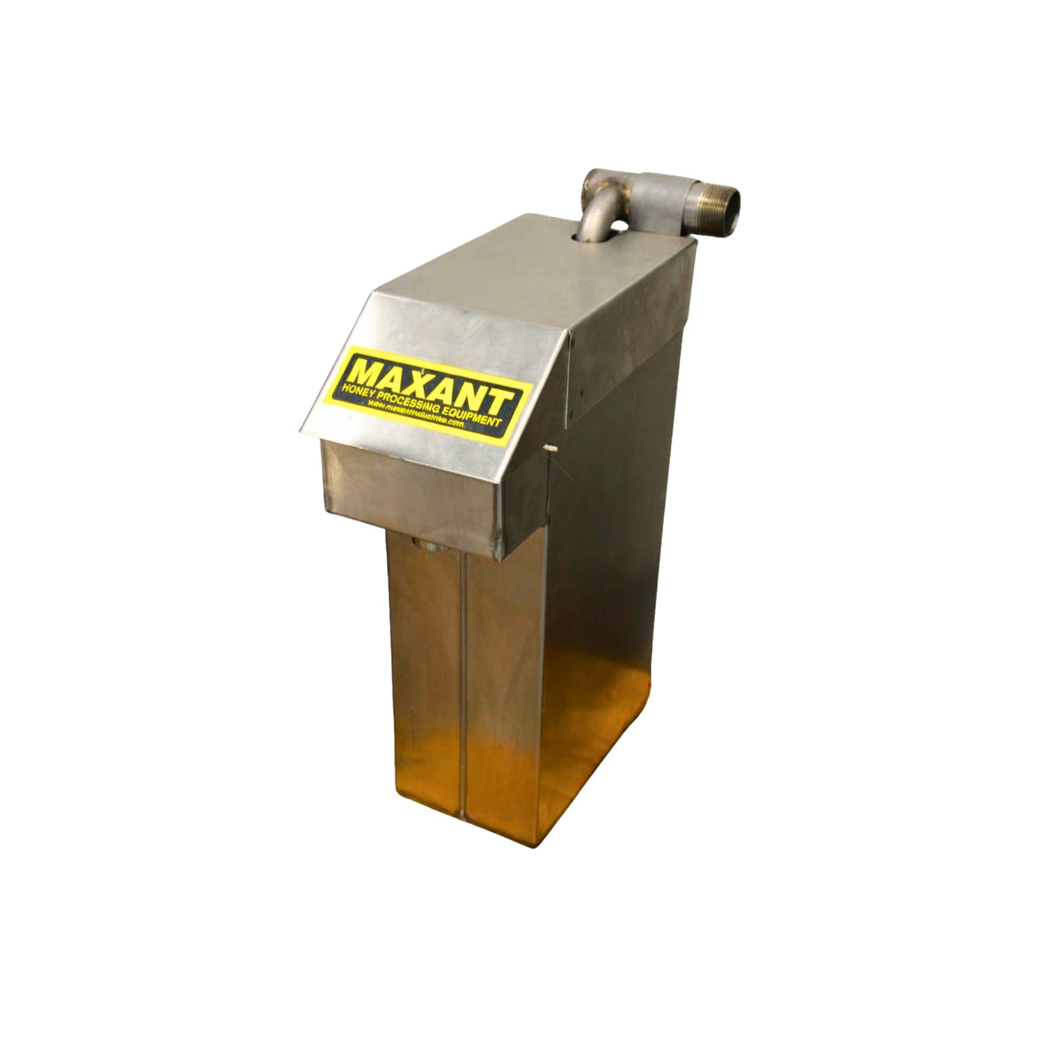 A Maxant metal filter tank with a yellow and black brand label, featuring a stainless steel body, isolated on a white background.