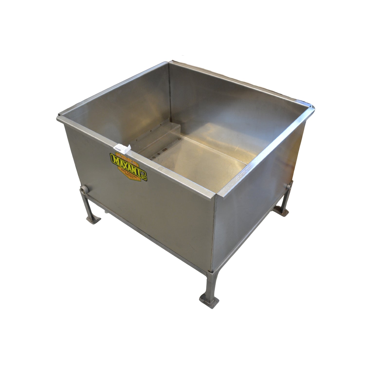 A stainless-steel tank used to melt up to 4 5-gallon plastic pails on a white background