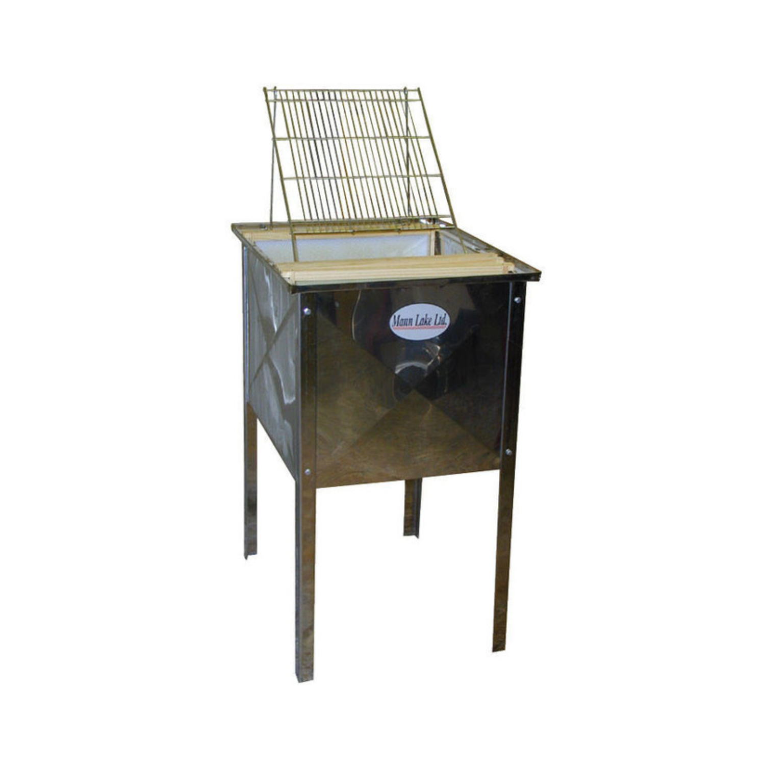 A rectangular stainless steel honey uncapping tank with four legs and a metal draining basket mounted on top, used by beekeepers to hold frames and collect honey during uncapping