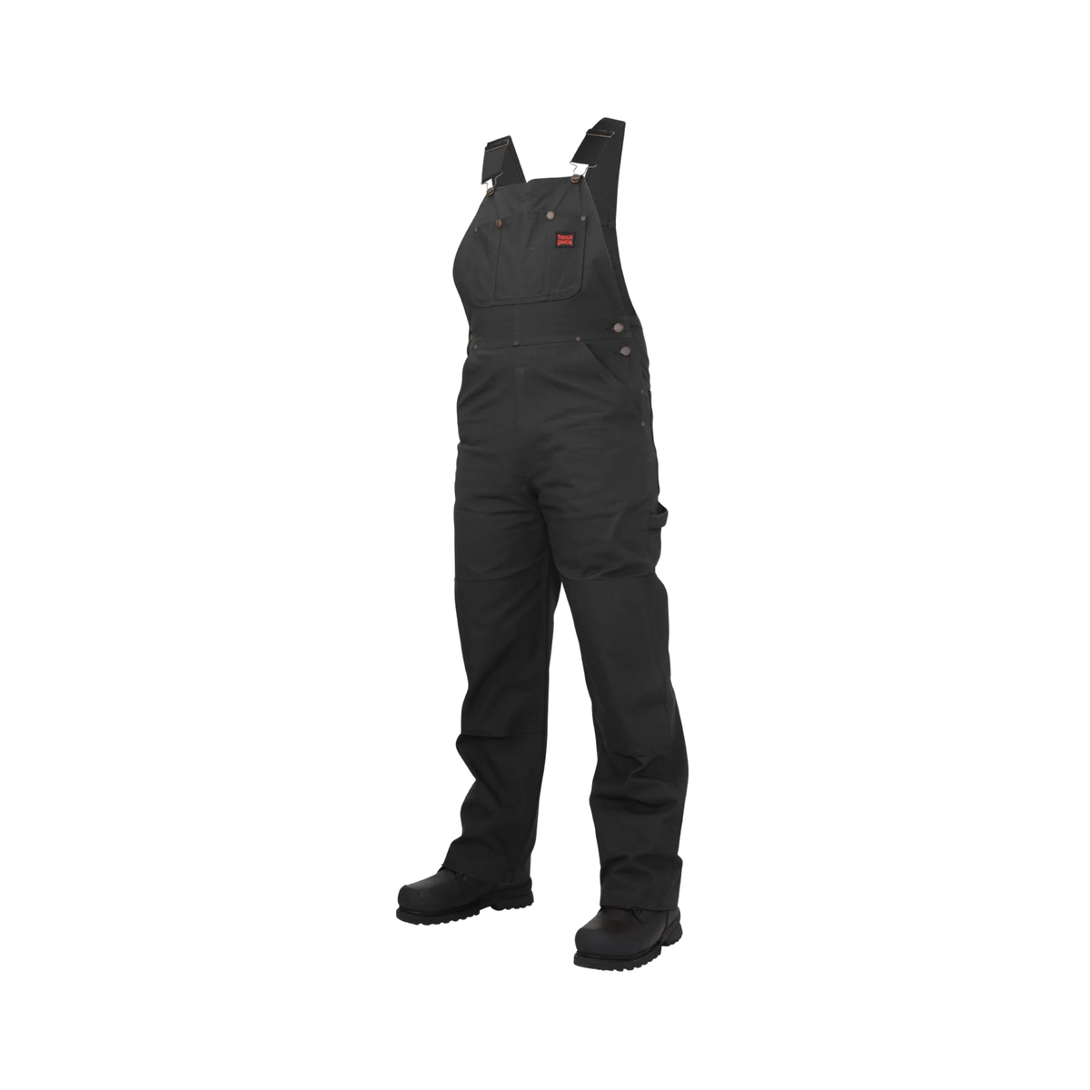A black coloured unlined bib overall with red Tough Duck branding on a white background