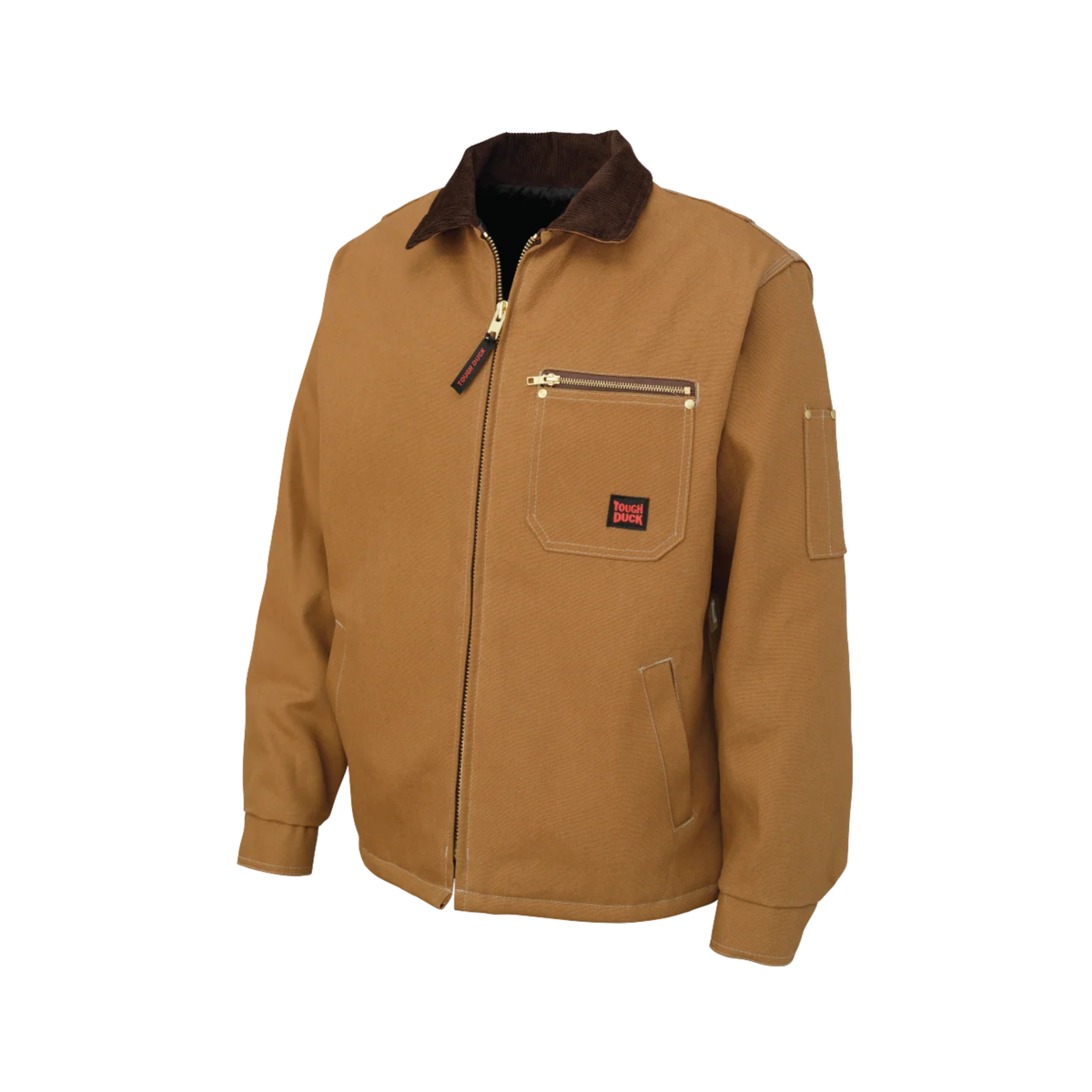 A brown jacket with a fuzzy collar with Tough Duck branding on a white background