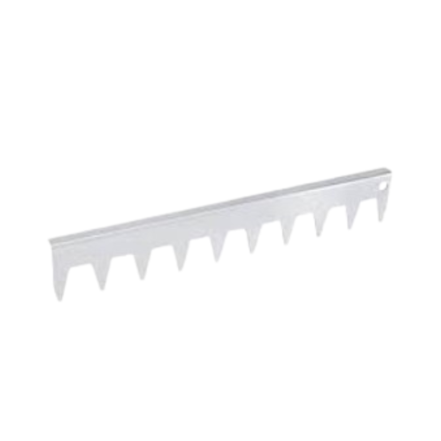A long silver metal bar with several evenly spaced pointed teeth along one edge, used in beekeeping to maintain consistent spacing between hive frames