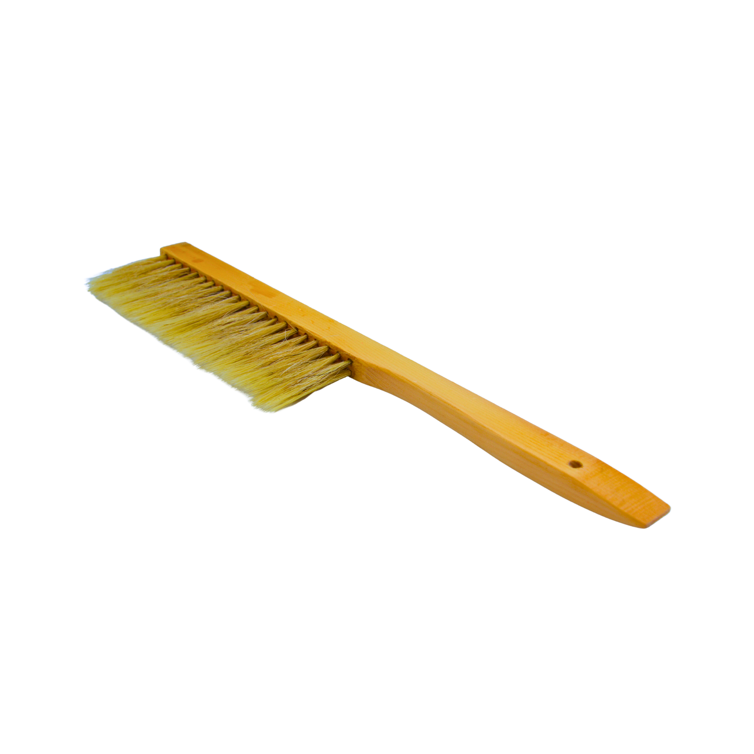 A wooden cleaning brush with a light brown handle and yellow bristles, shown diagonally on a plain white background.