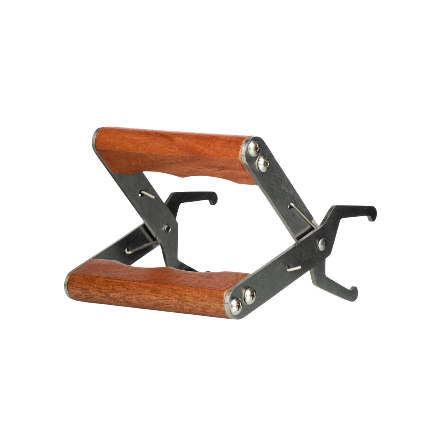 Frame grips with a wooden handle, designed to grip the top bar of the frame, on a white background