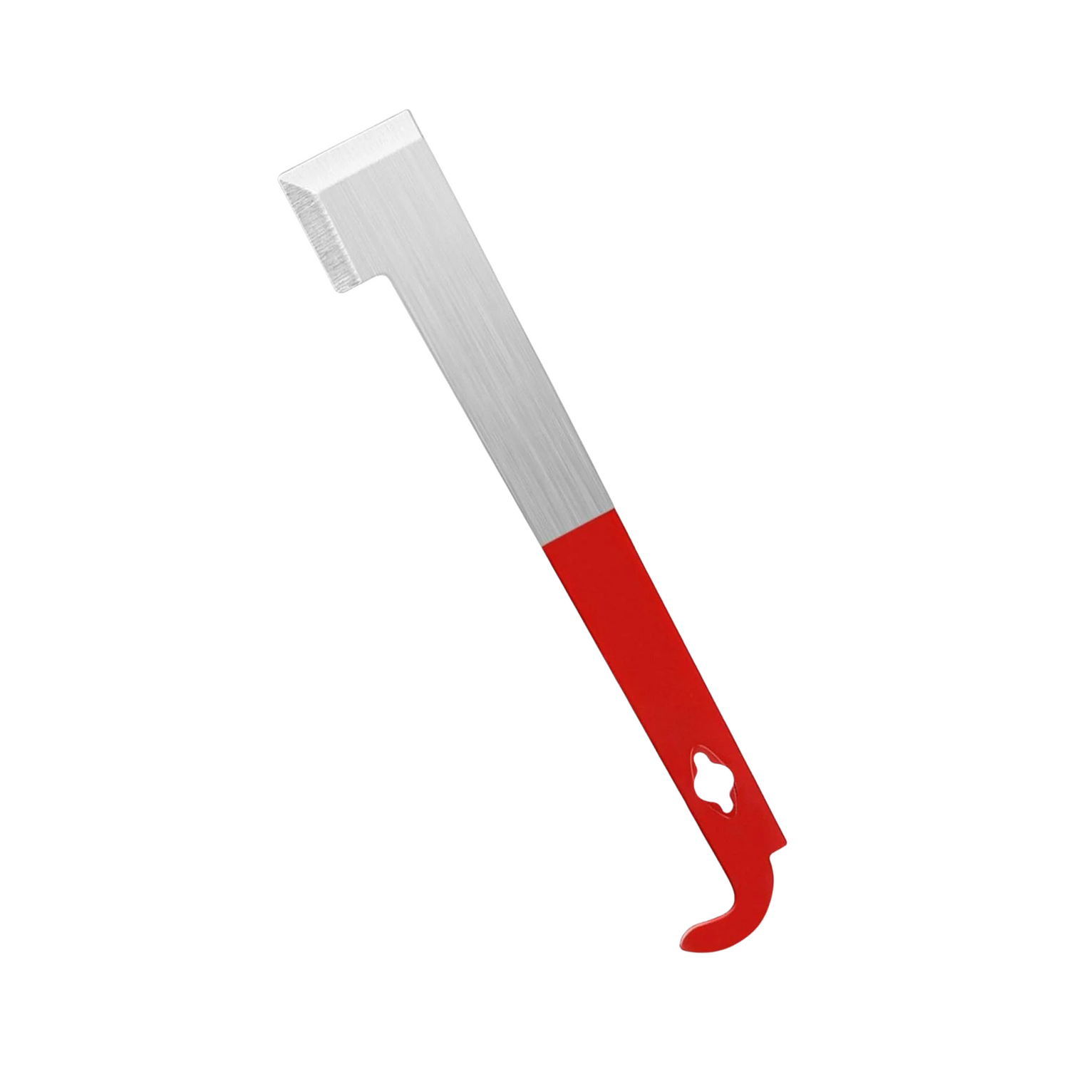 A hive tool with a red handle and a J-hooked end on a white background