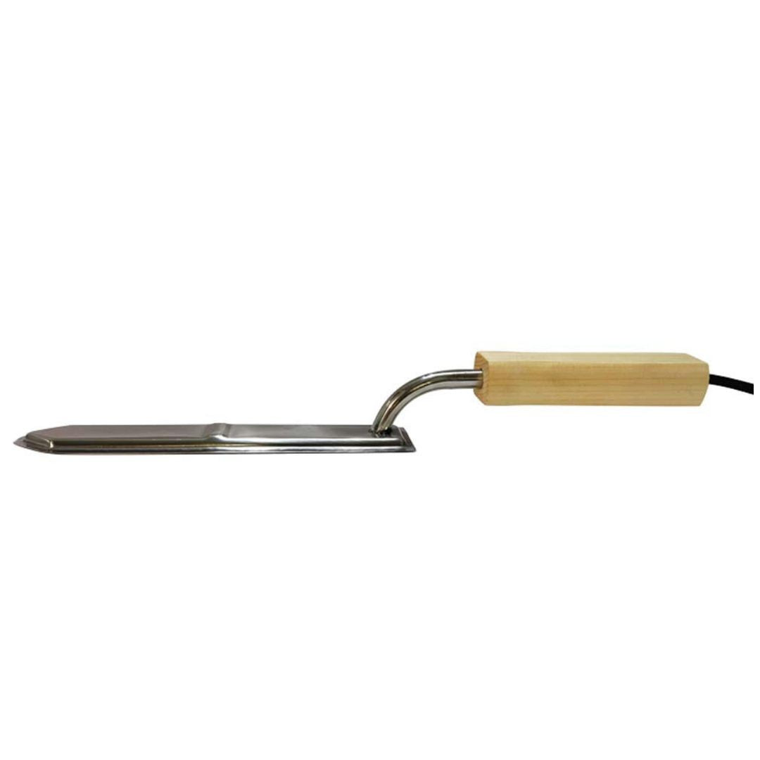 An electric uncapping knife with a wooden handle and a metallic blade, designed for removing wax caps from honeycomb cells.