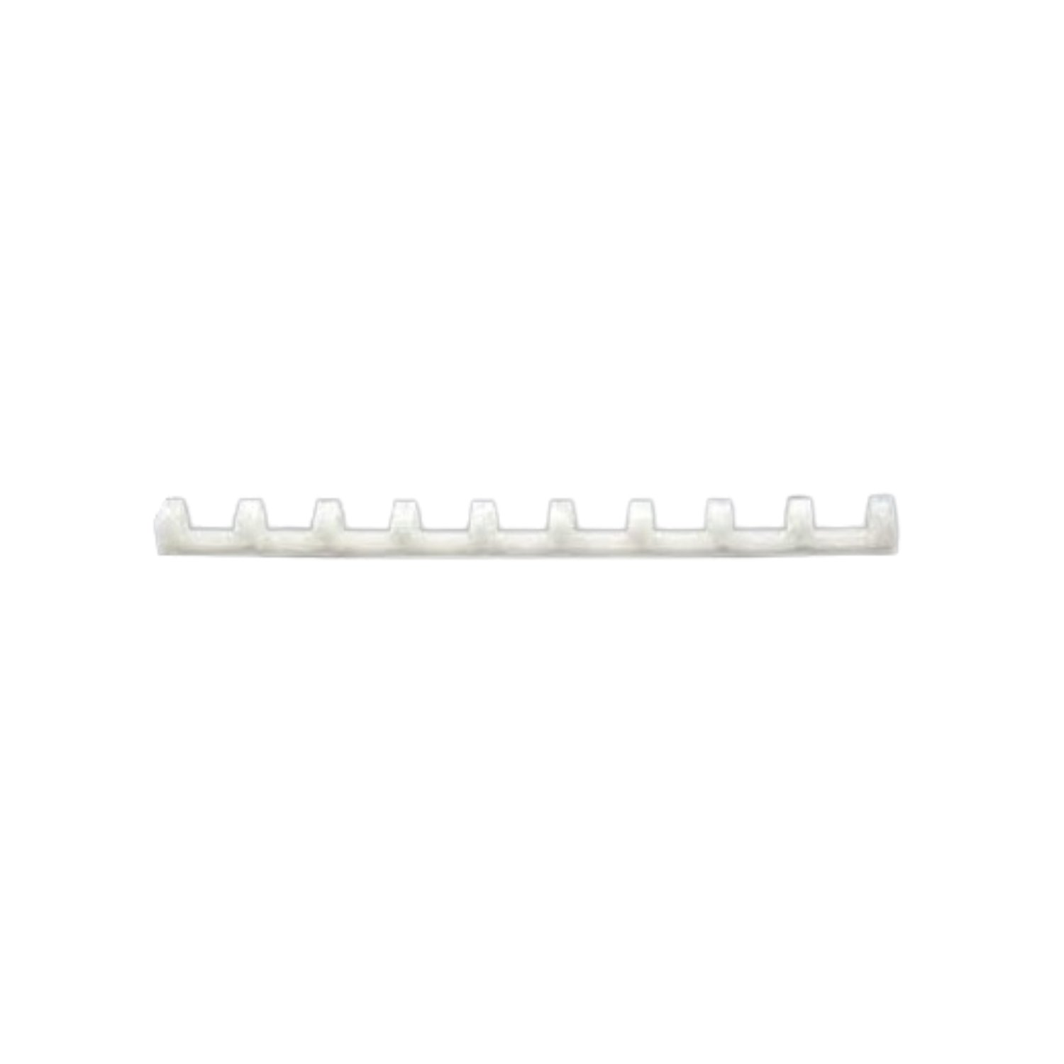 A long, narrow white plastic spacer with raised notches designed to keep beekeeping pollination frames evenly spaced inside a hive