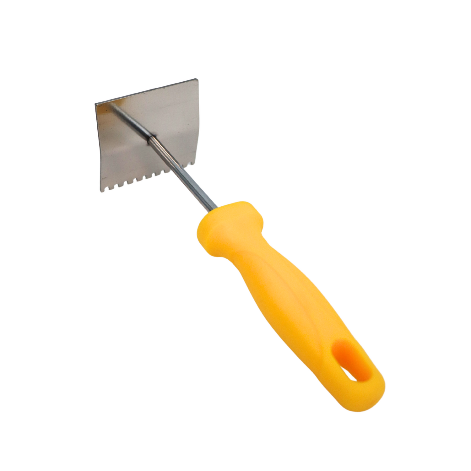A metal queen excluder cleaner with a yellow plastic handle on a white background