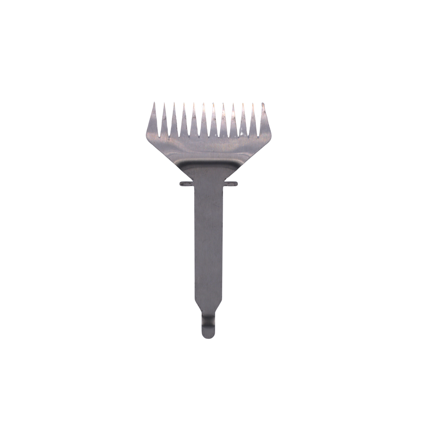Metal gray scratcher with teeth on a white background