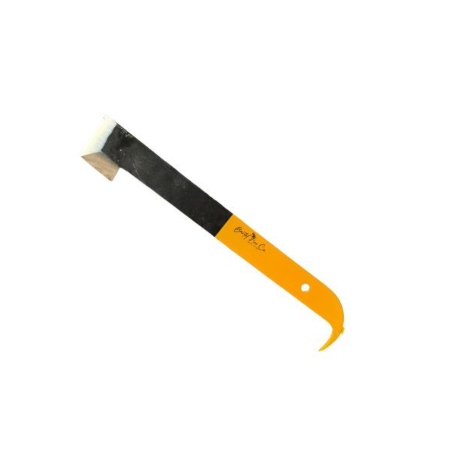 Yellow-handled beekeeping hive tool with a flat metal blade and a curved hook end, shown on a white background.