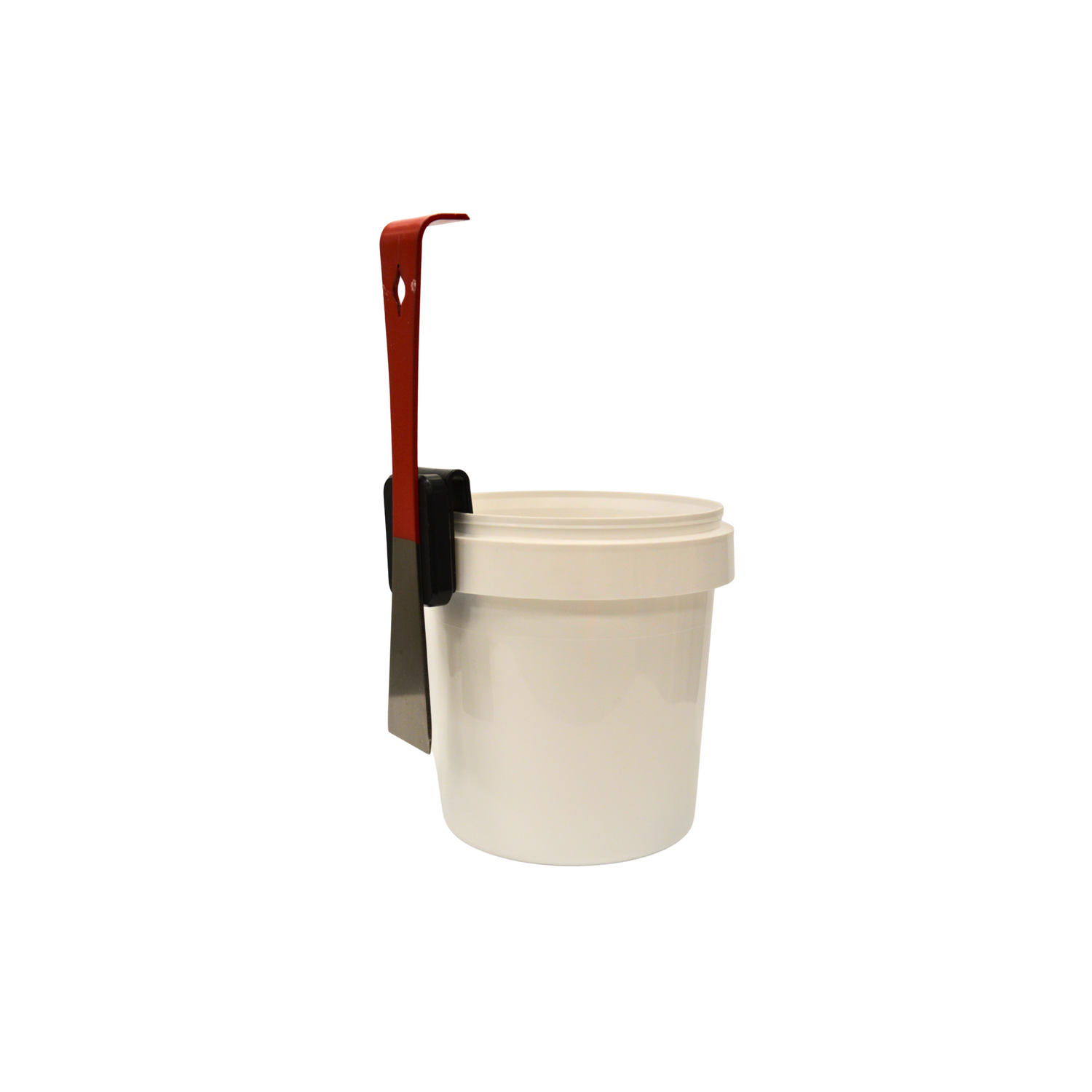 Example of the tool magnet in action as it holds a hive tool to a white pail on a white background.