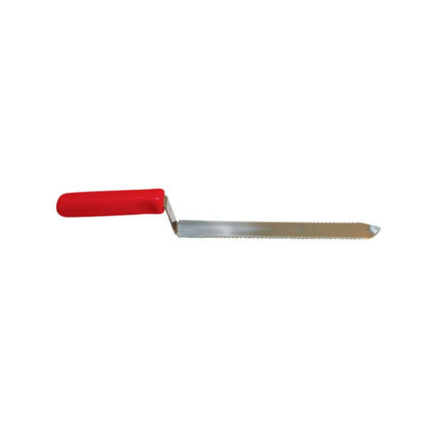 An uncapping knife with a red handle and a metal blade, designed for honey processing and bottling.