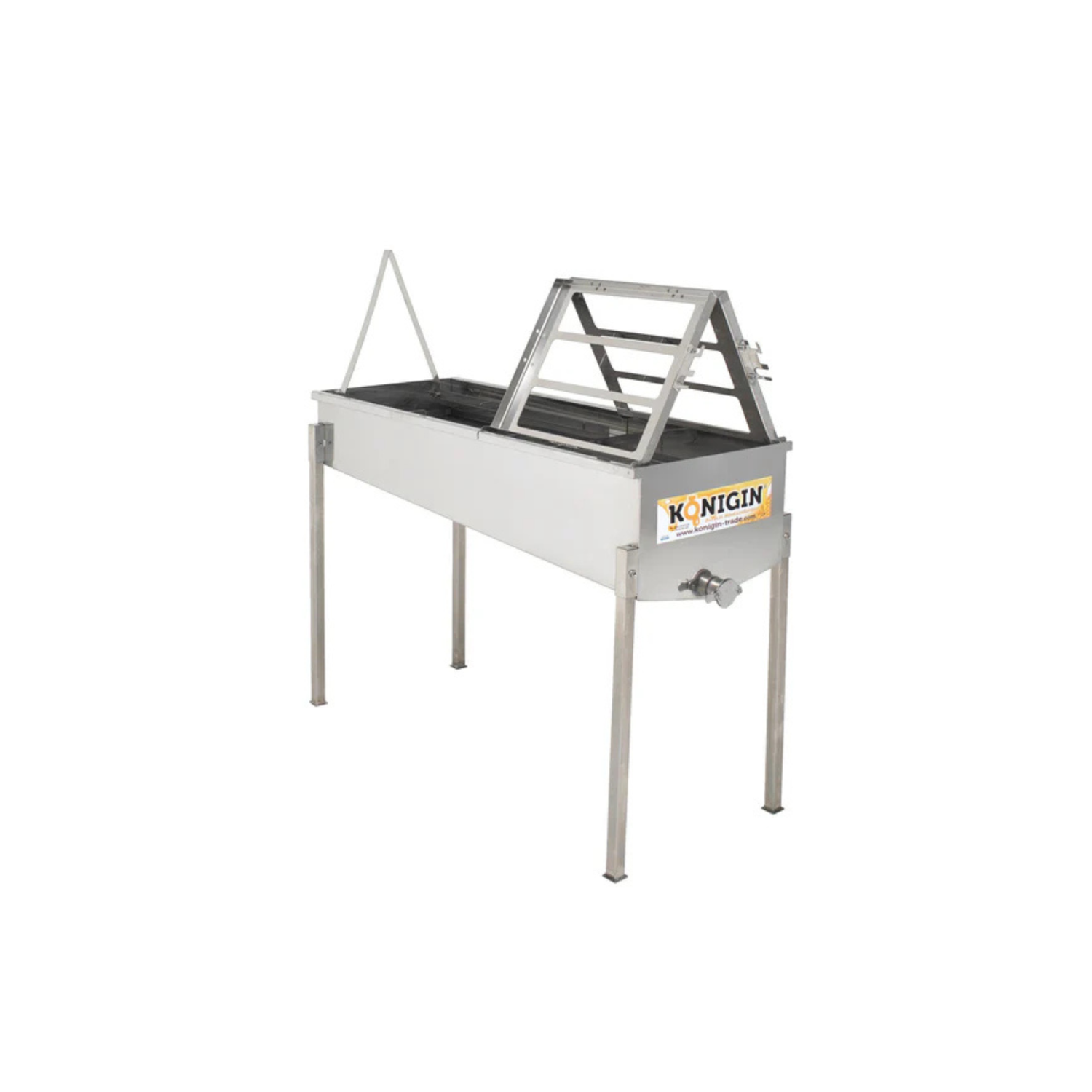A KONIGIN brand uncapping table made of stainless steel, designed for honey processing, featuring two work stands and frame holders.