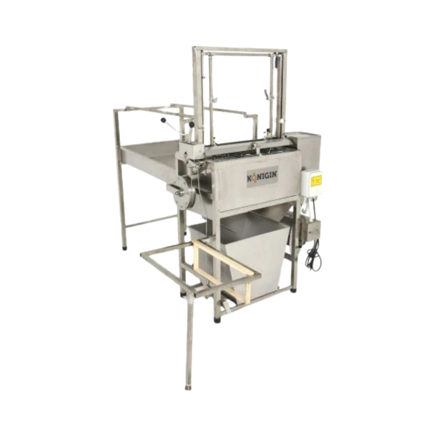 Konigin semi-automatic bottle uncapper with a stainless steel housing, bottle guide rails, and control panel, designed for small-scale beverage production