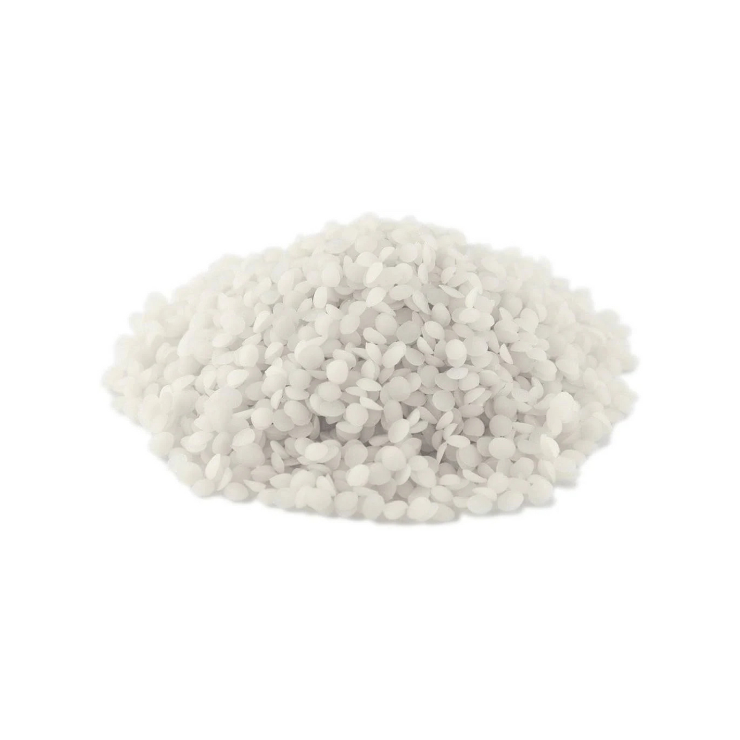 A pile of white charcoal filtered beeswax pastilles on a white background