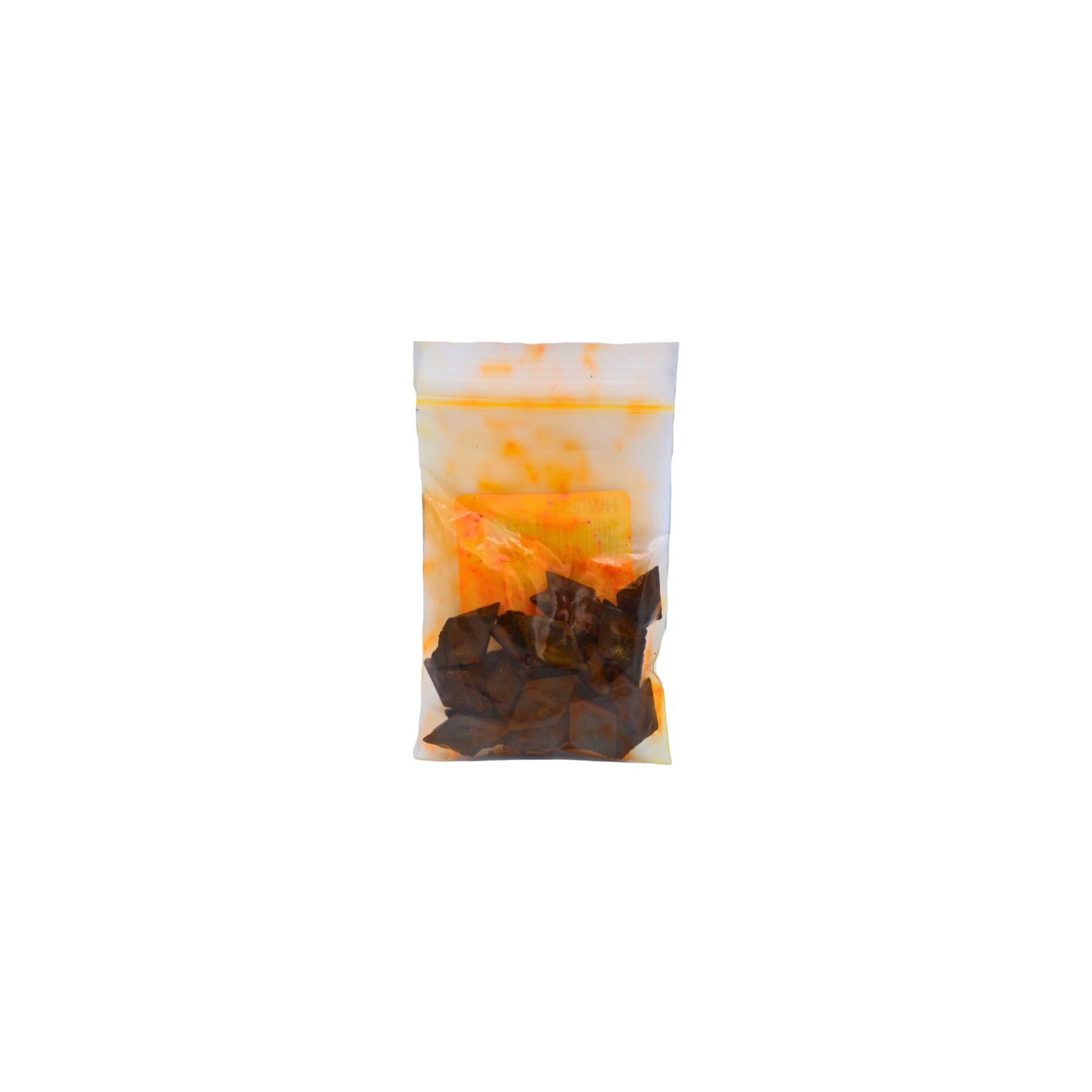 A small clear plastic pouch containing Cranberry dye chips shown on a plain white background.