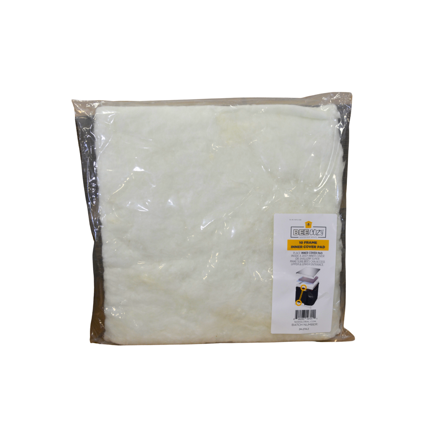 A packaged white fluffy cover used for overwintering beehives on a white background.