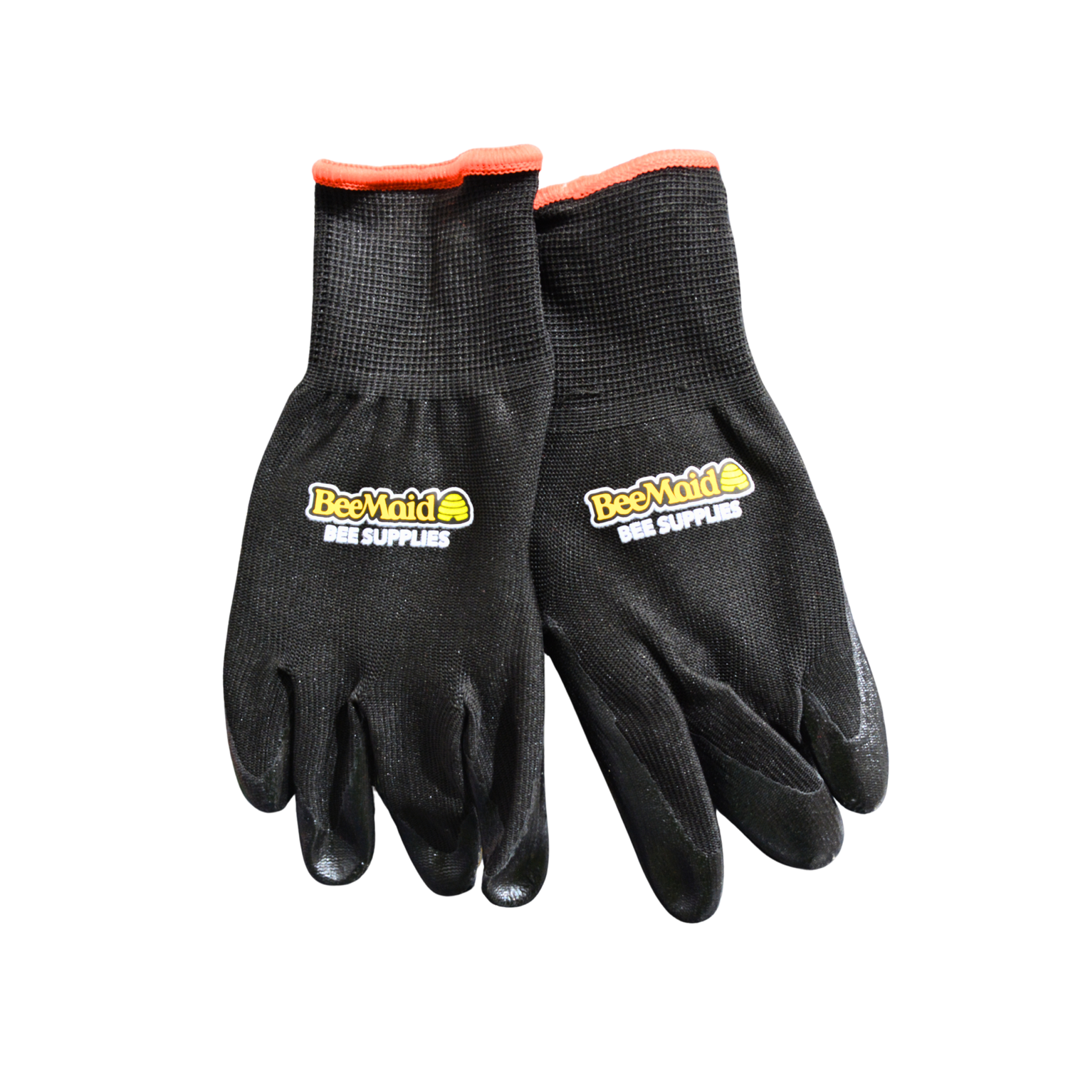A pair of black nitrile gloves with BeeMaid Bee Supplies branding on a white background