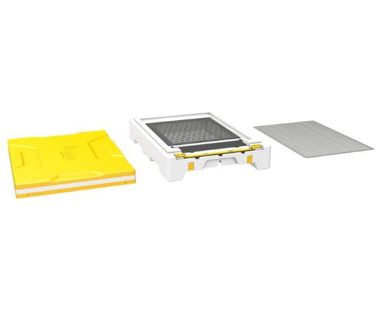 A beehive base and lid kit, including a yellow top cover, a gray queen excluder, and a white bottom board on a white background