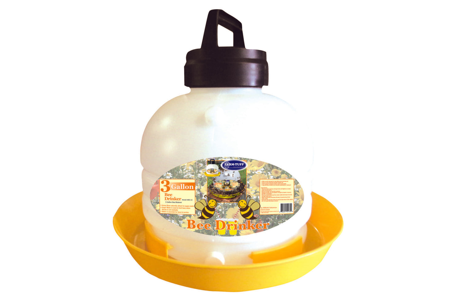 A 3-gallon bee drinker made of semi-opaque plastic, featuring a white water reservoir on top and a yellow base. It has a large handle for carrying and a wide mouth for refilling.