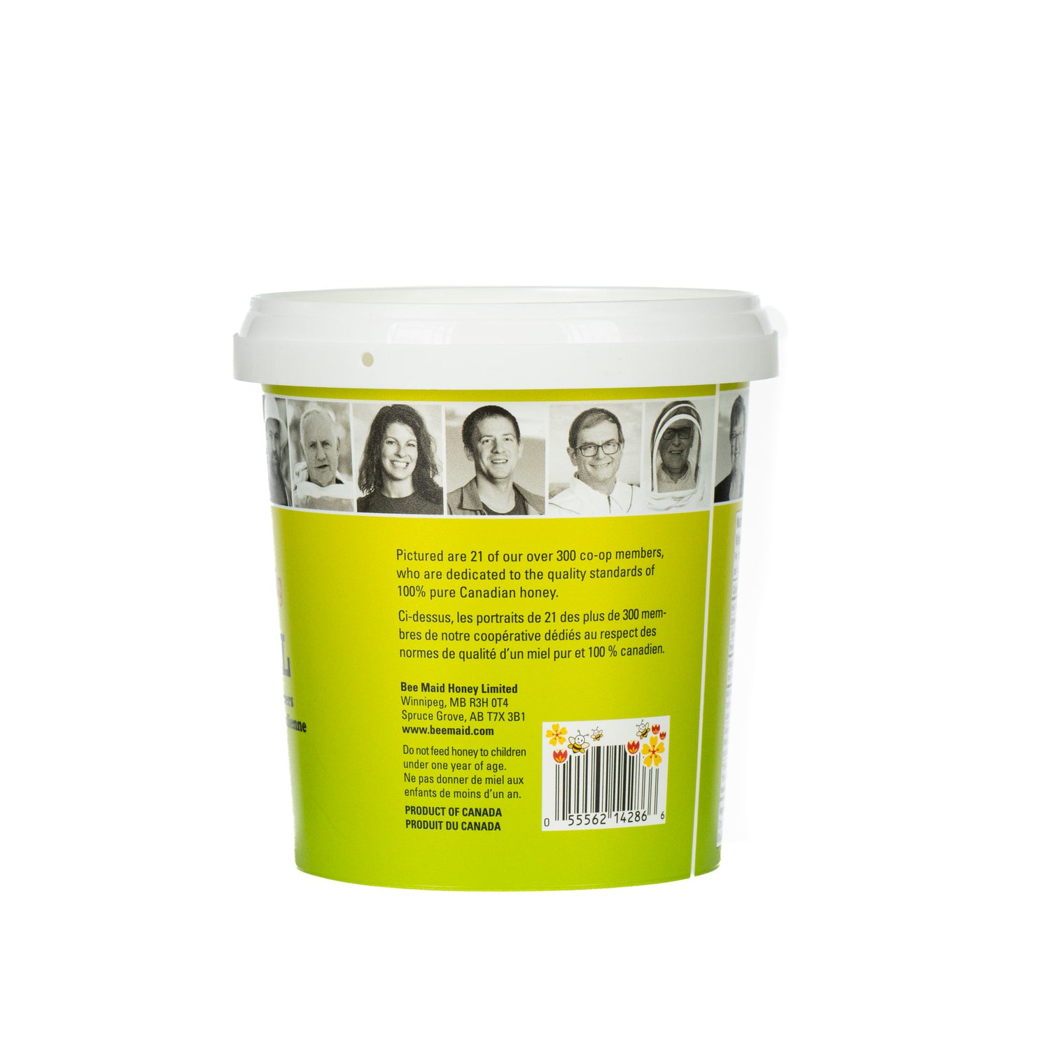 1-kilogram green plastic tub of BeeMaid creamed honey, with branding visible on a white background.