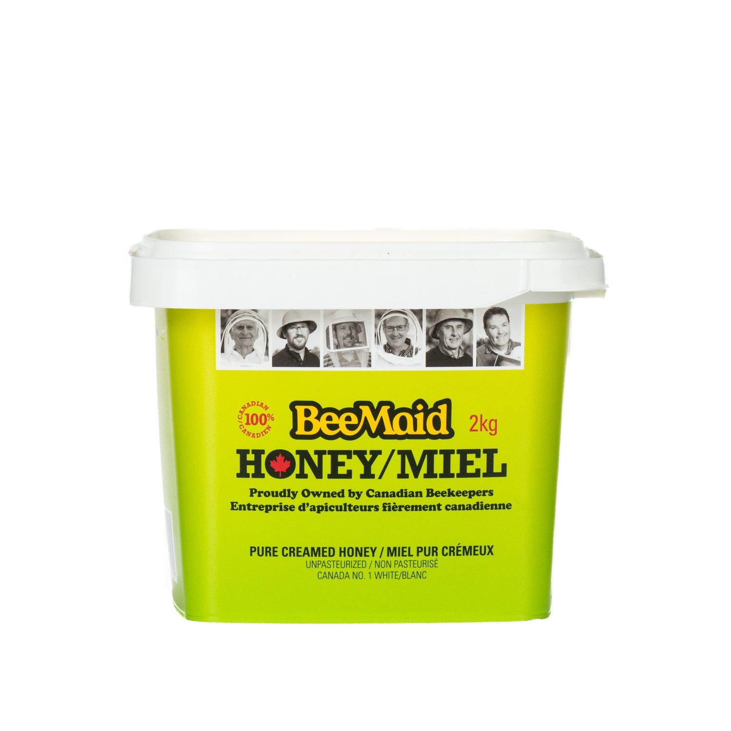 2-kilogram. plastic tub of BeeMaid creamed honey with a green label, displaying the brand name on a white background