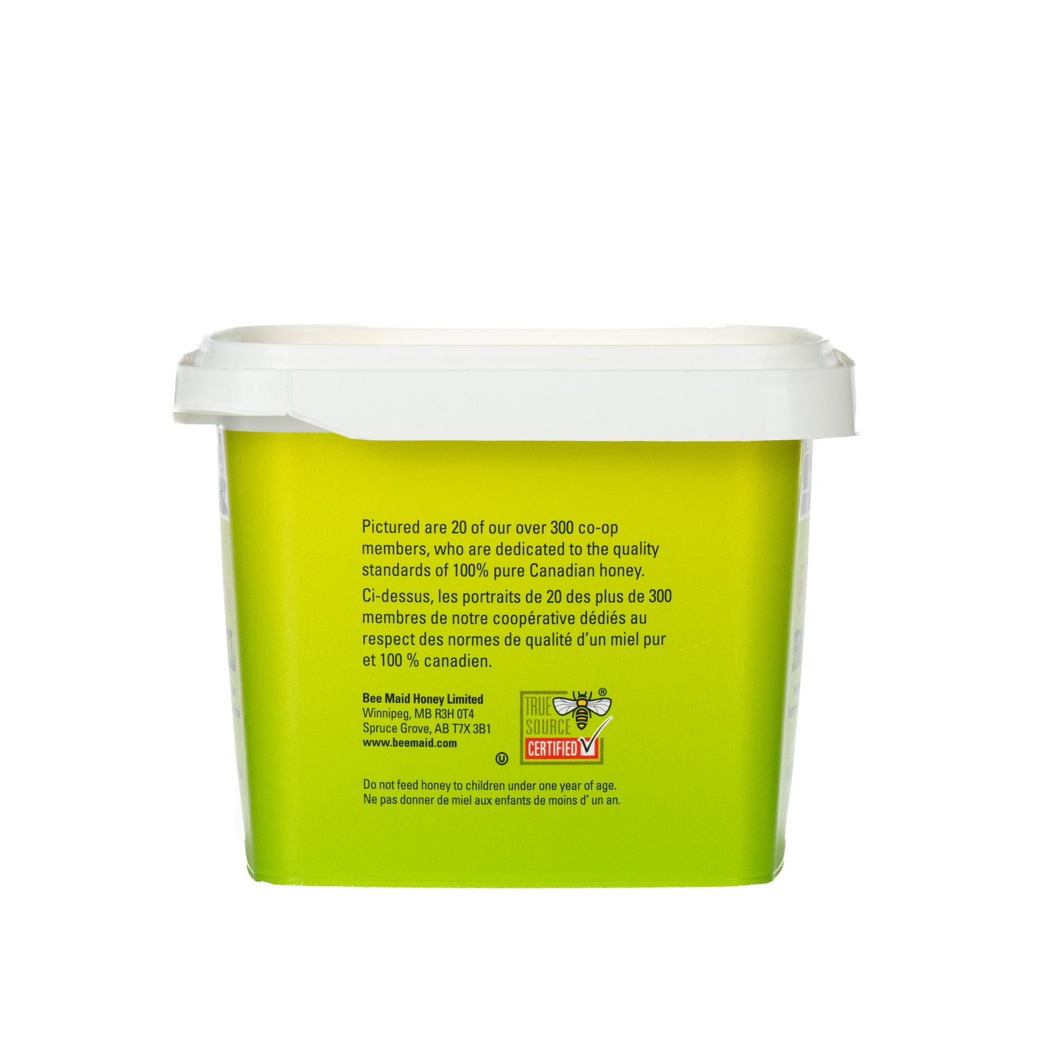 2-kilogram. plastic tub of BeeMaid creamed honey with a green label, displaying the brand name on a white background