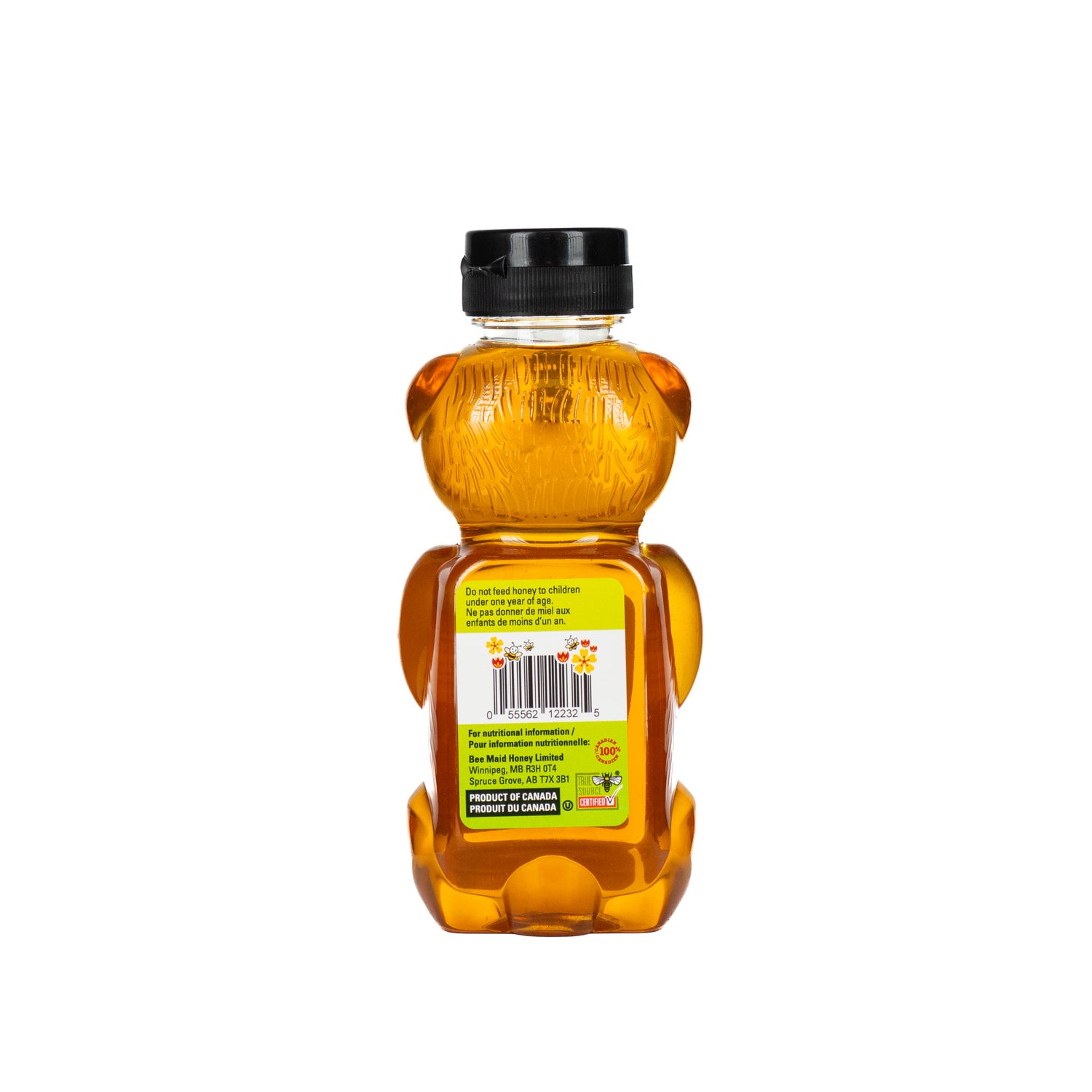 A 375-gram BeeMaid bottle in the shape of a bear containing pure liquid honey, on a white background