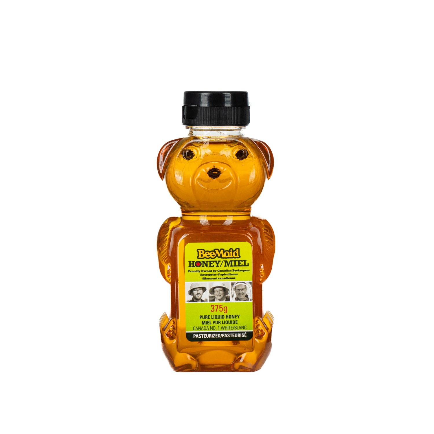 A 375-gram BeeMaid bottle in the shape of a bear containing pure liquid honey, on a white background