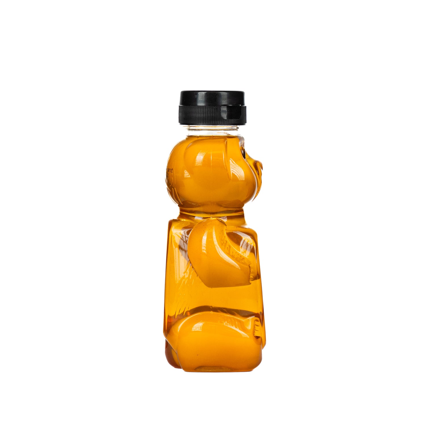 A 375-gram BeeMaid bottle in the shape of a bear containing pure liquid honey, on a white background
