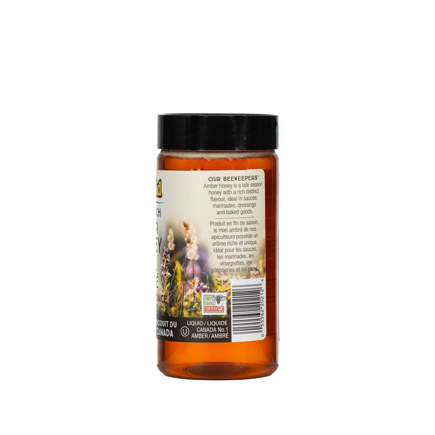 A 500-gram plastic bottle of BeeMaid Bold & Rich Amber Honey on a white background