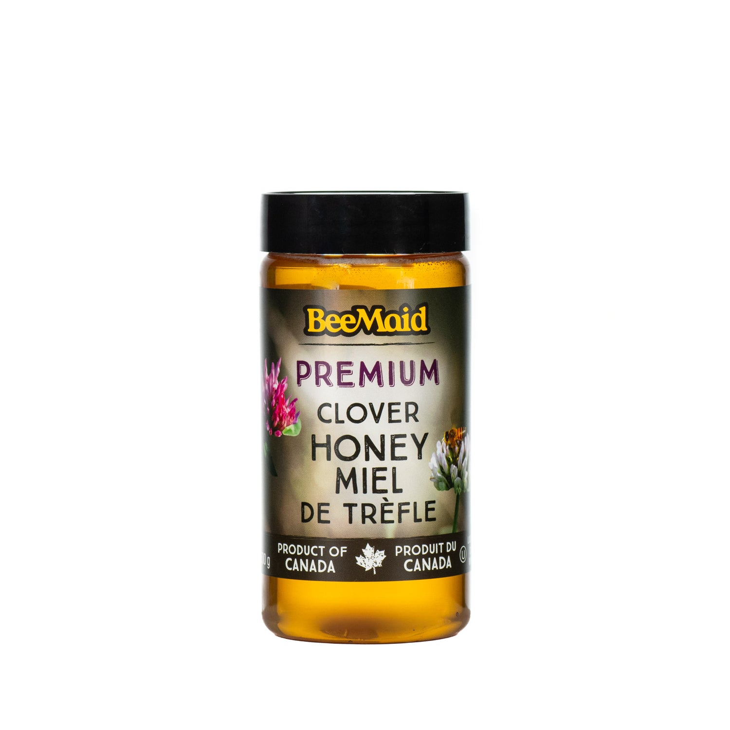 A 500-gram plastic bottle of BeeMaid Premium Clover Honey on a white background