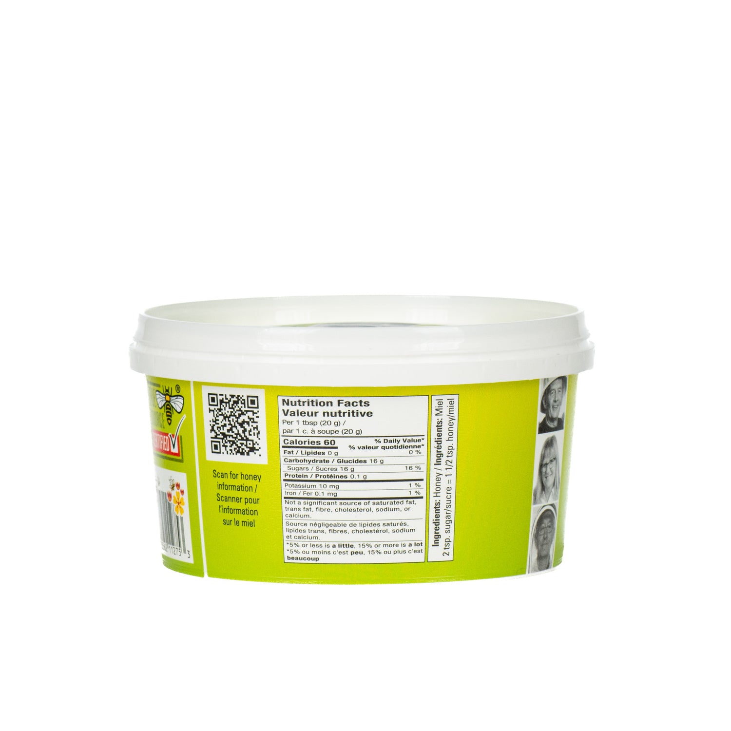A 500-gram plastic green tub of BeeMaid creamed honey on a white background.
