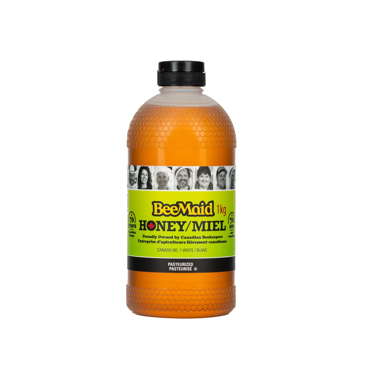 A 1-kilogram plastic bottle of BeeMaid liquid honey on a white background