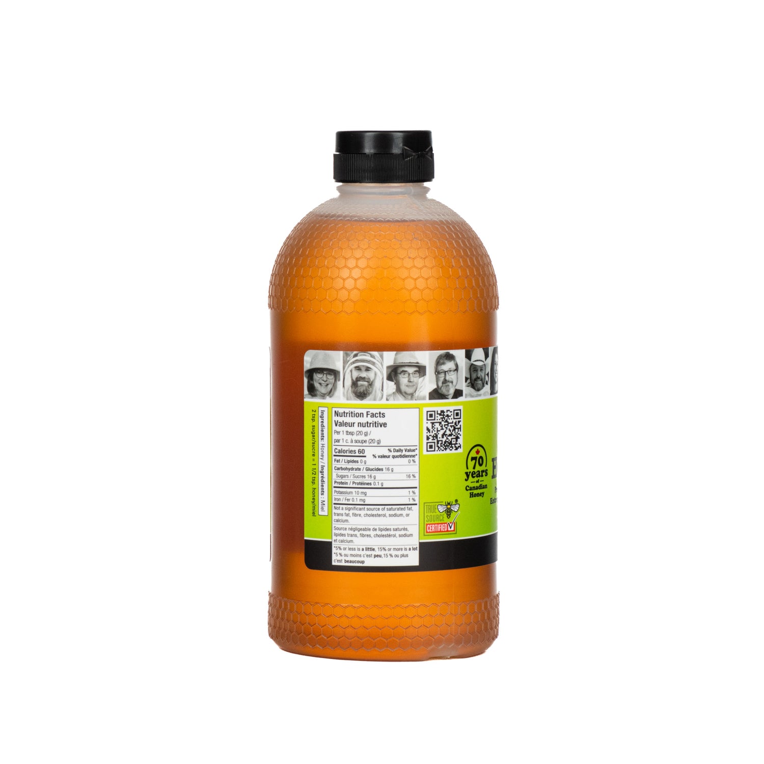 A 1-kilogram plastic bottle of BeeMaid liquid honey on a white background