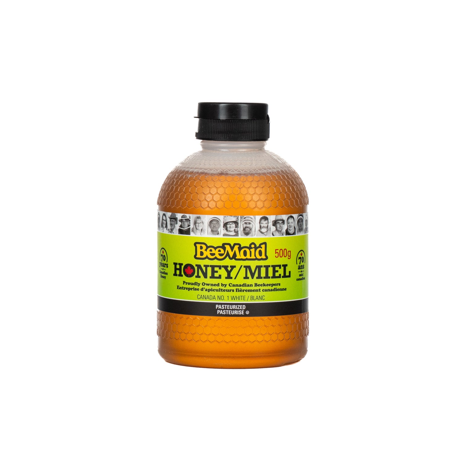 A plastic bottle of BeeMaid liquid honey, 500 grams.
