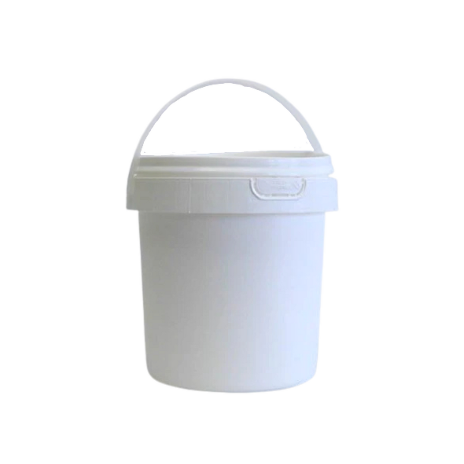 A 3 kilogram white, plastic pail of creamed honey on a white background