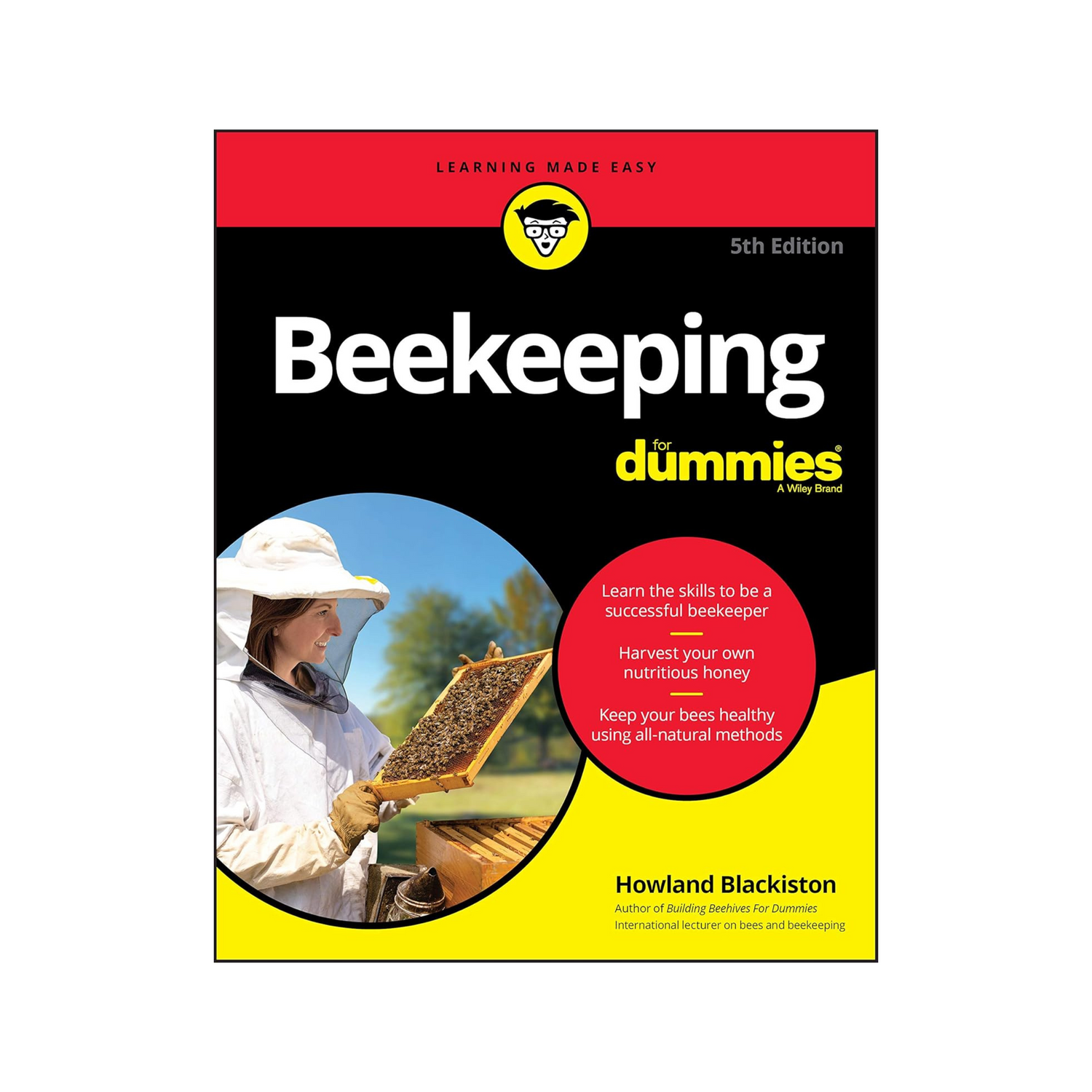 Cover of the book 'Beekeeping for Dummies' showing an image of a person in beekeeping gear with a frame on a white background