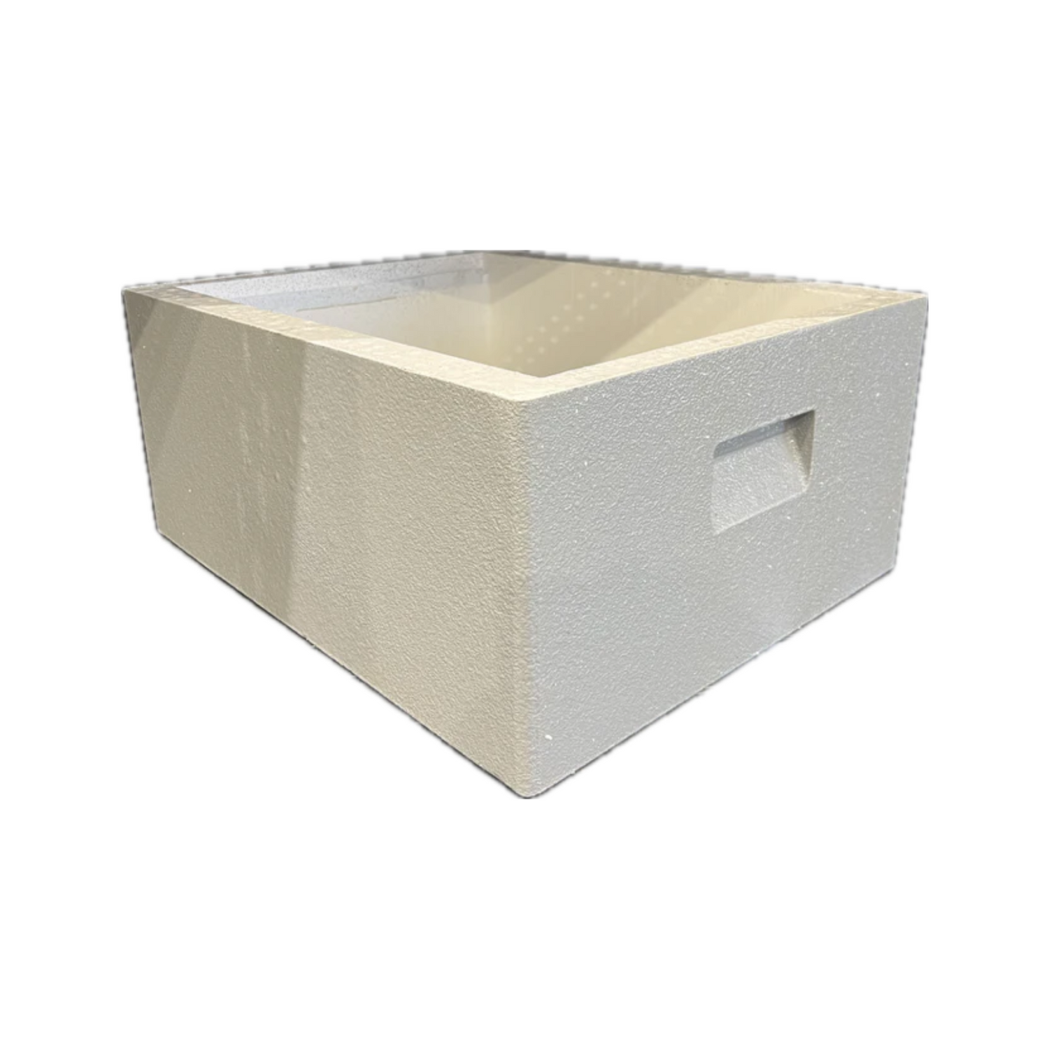 A white, solid-colored Langstroth honeybee brood box with a handle on the side.