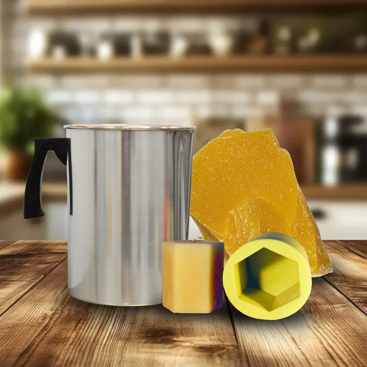 Metal pitcher with yellow silicone mold on a wooden surface in a kitchen setting