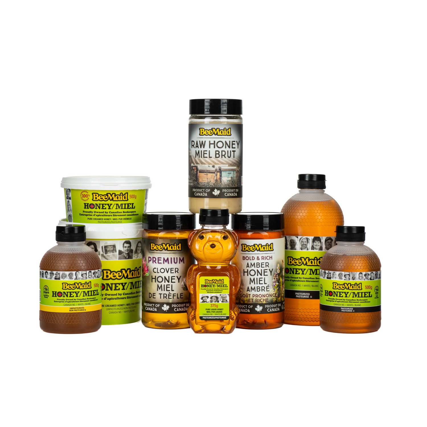 A collage of BeeMaid honey products in various packaging with highlights of green and yellow, on a white background