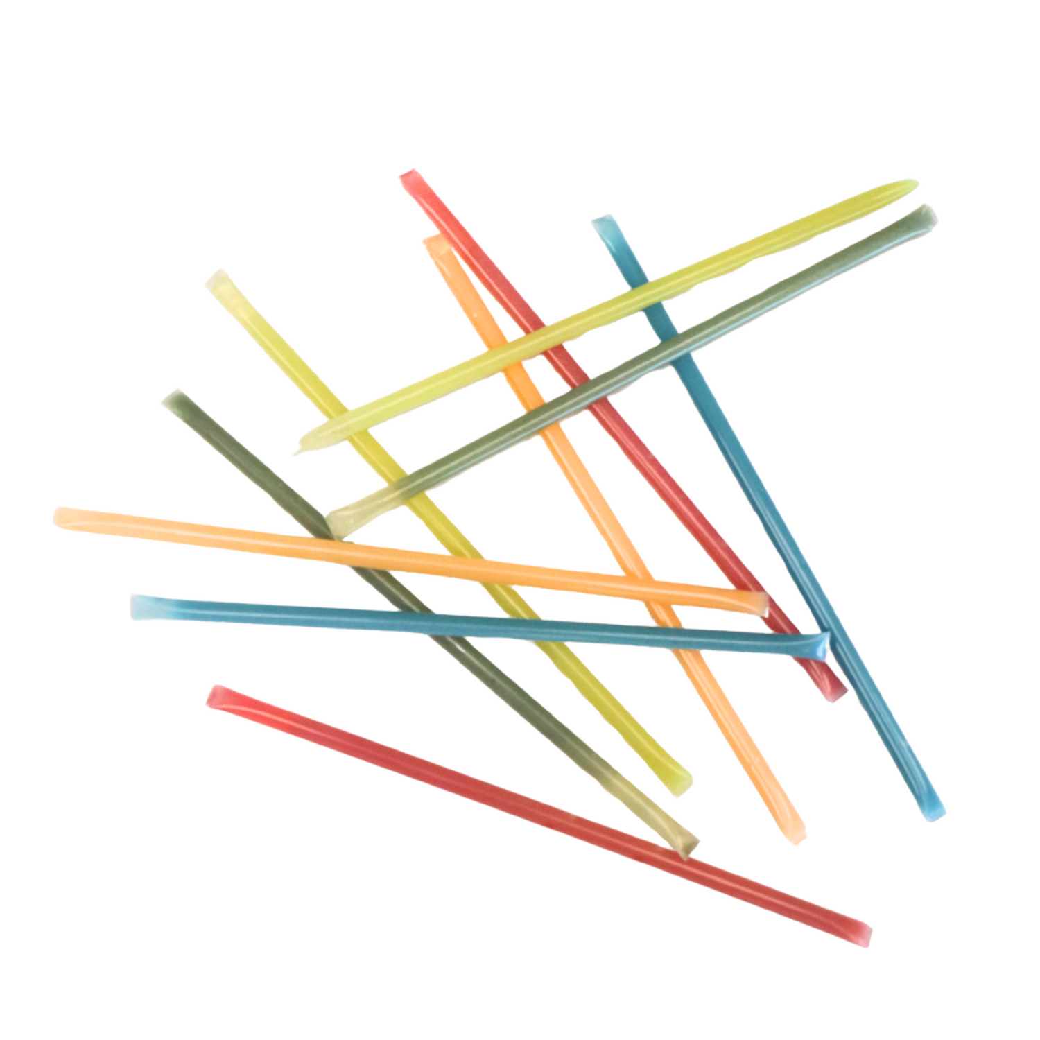 A collection of colorful honey sticks, each with a different flavor, laid out on a white background.