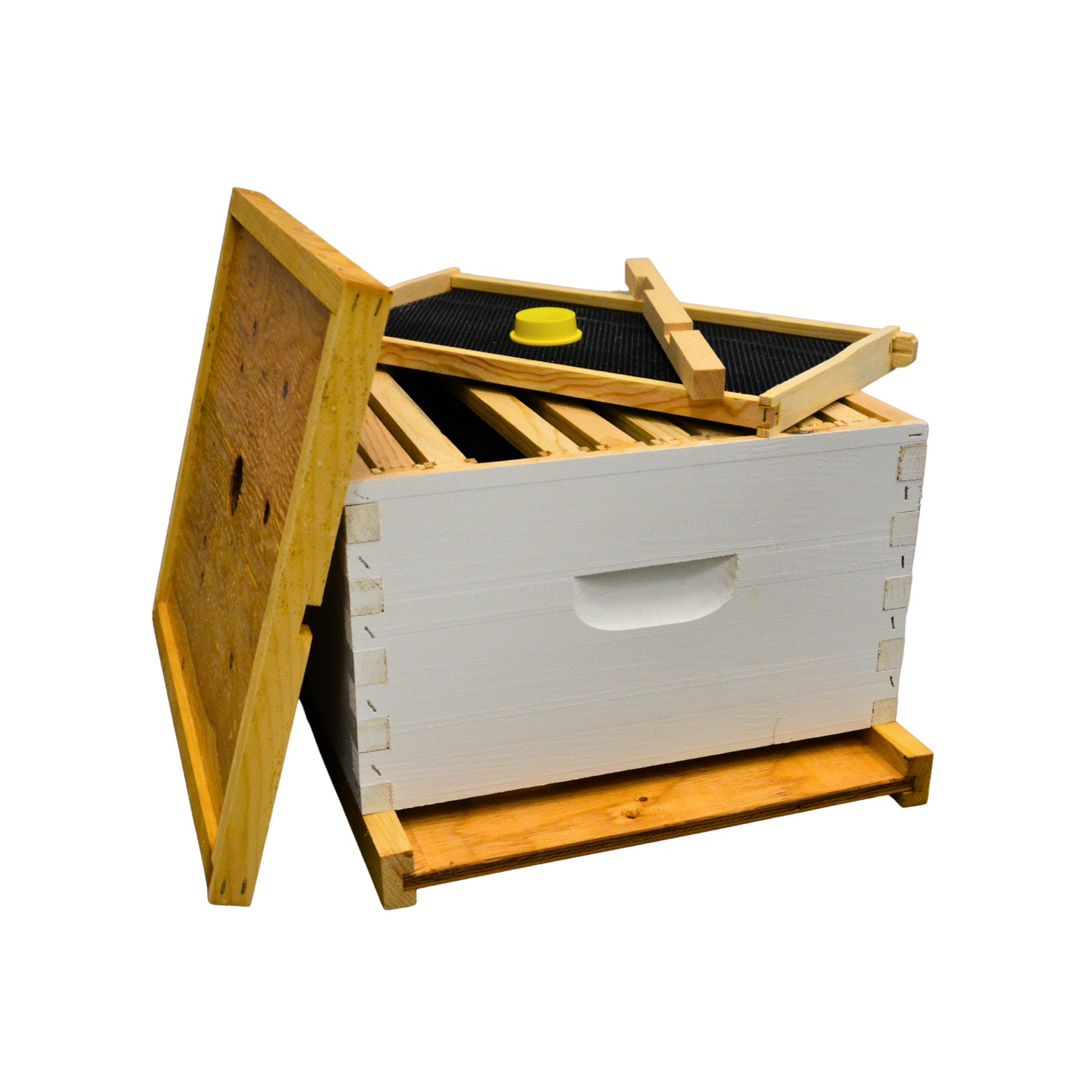 A beekeeping starter bit featuring a beehive box, an inner cover, a bottom board, a wooden entrance reducer, 10 frames, and a yellow plastic plug on a white background