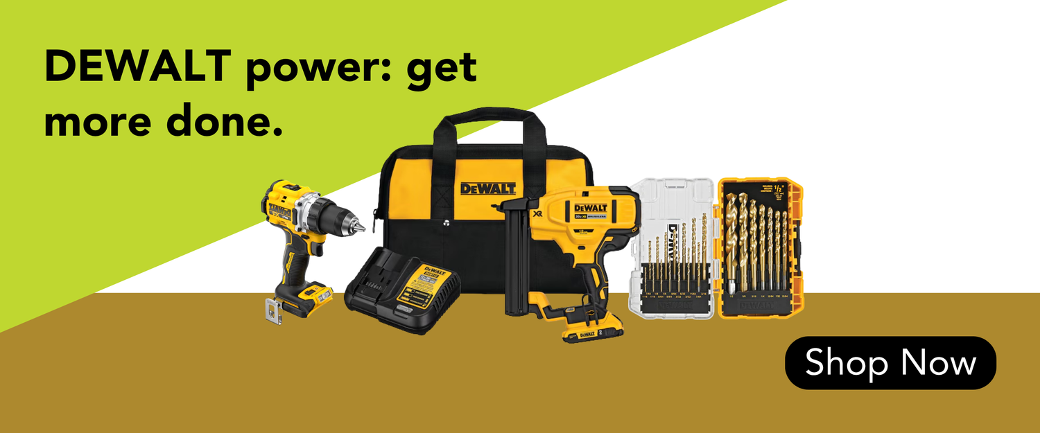 Graphic promoting DEWALT products on a colourful background