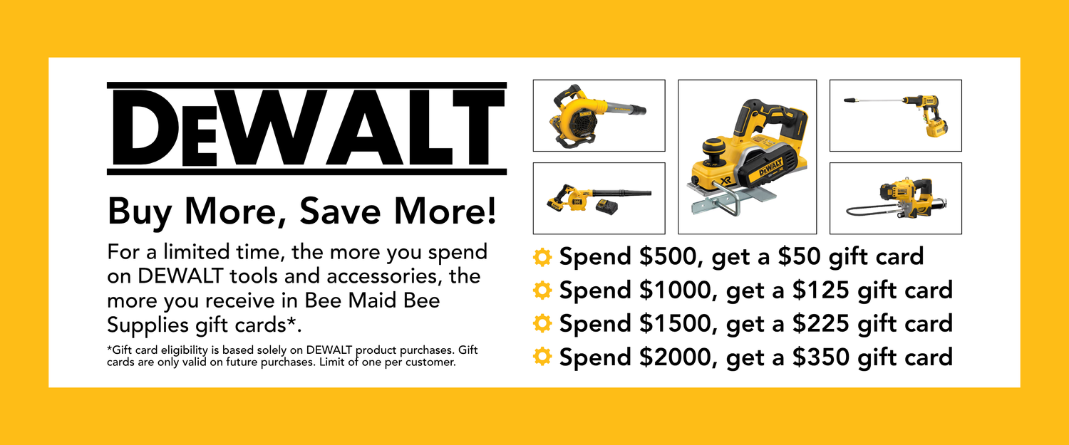 A graphic promoting the DEWALT Buy More, Save More sale with DEWALT product images and colours