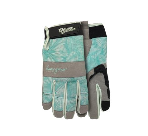 A pair of gardening gloves with a blue geometric patterns, featuring wrist strap and brand labeling on a white background