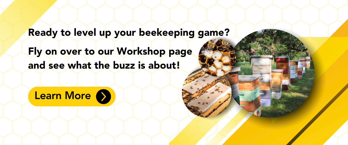 Graphic with yellow highlights with three images of beekeeping that emphasizes visiting the Workshop page